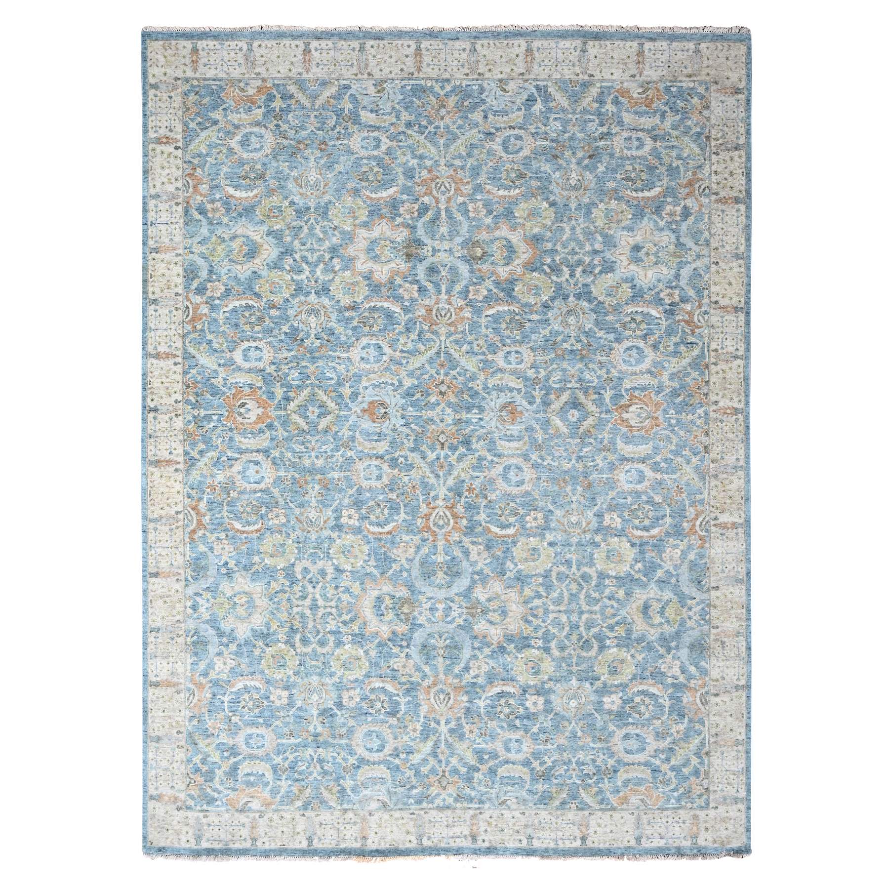 Carolina Blue, Pure Wool, Antiqued Persian with Ziegler Mahal Design, Oxidized, Distressed, Zero Pile, Shaved Low, Hand Knotted, Oriental Rug